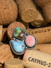 YAZMYN 3 Stone Adjustable Ring | Pink Conch, Golden Hills & Sonoran Gold by H. Joe | Native-Made Sterling Silver