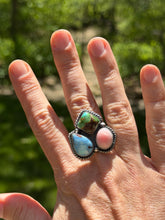 YAZMYN 3 Stone Adjustable Ring | Pink Conch, Golden Hills & Sonoran Gold by H. Joe | Native-Made Sterling Silver