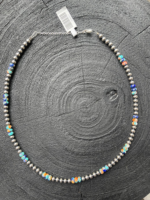 18 Inch 5 mm sterling silver pearls necklace with RARE Lapis mix with spiny & turquoise rondelle beads
