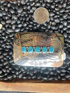 Stamped Sterling Silver and Turquoise Belt Buckle by Jolene Begay - 3" by 2"