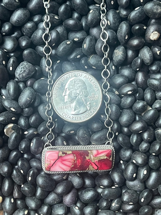 Pink Rose Dahlia Bar Necklace