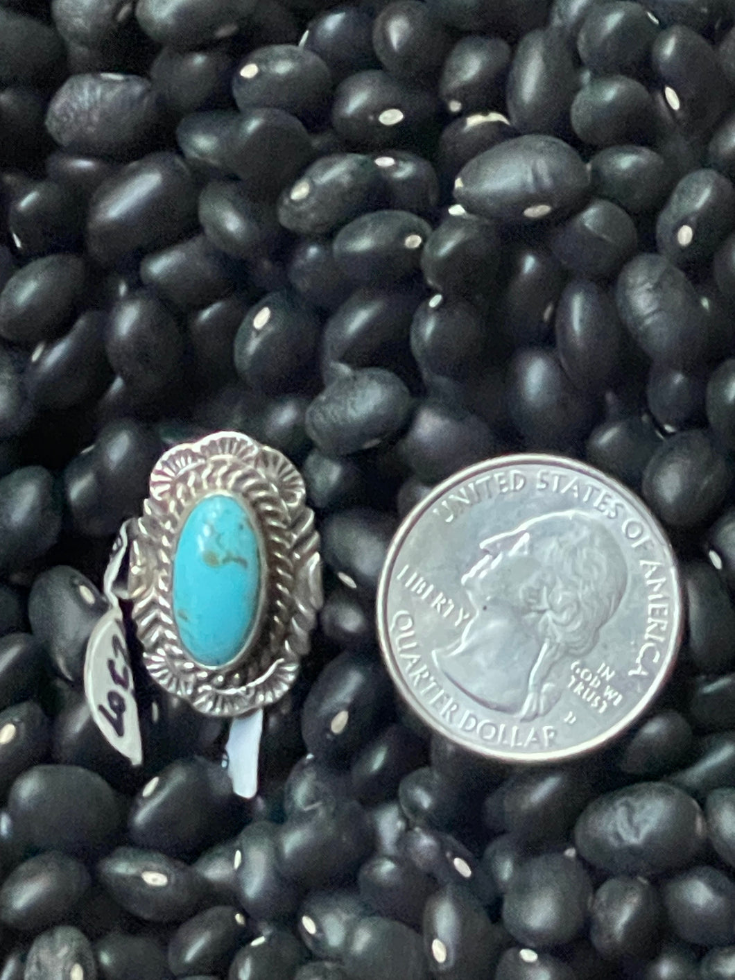 Blue Turquoise Stamped Sterling Silver Ring by Priscilla Smith - Size 7