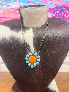 Orange Spiny and Turquoise Pendant Necklace Native Made