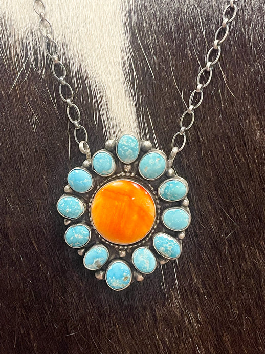 Orange Spiny and Turquoise Pendant Necklace Native Made