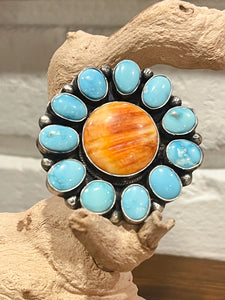 Orange Spiny and Turquoise Pendant Cluster Ring Adjustable Native Made