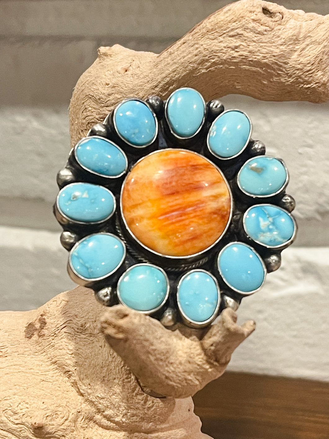 Orange Spiny and Turquoise Pendant Cluster Ring Adjustable Native Made