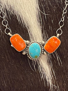 Spiny & Turquoise 3 Stone Bar Necklace