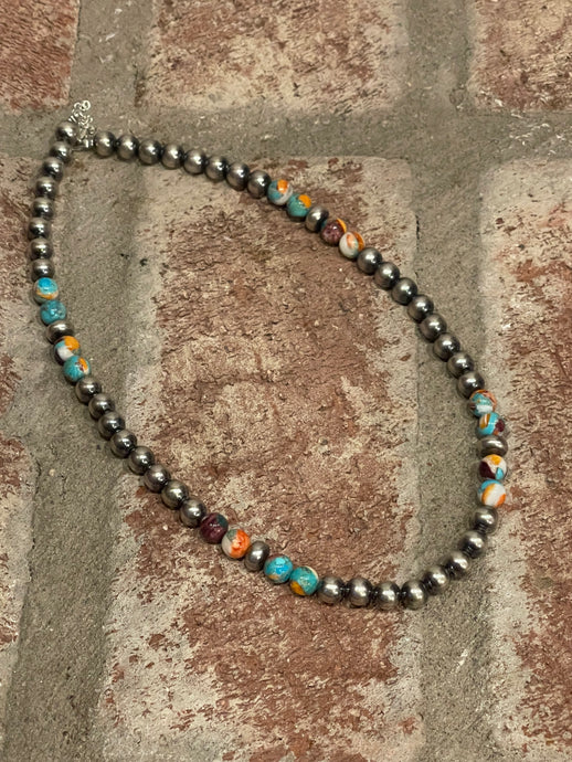 Mohave Turquoise Mix & Sterling Silver Necklace – 8 mm Beads – 19 Inch + Extender