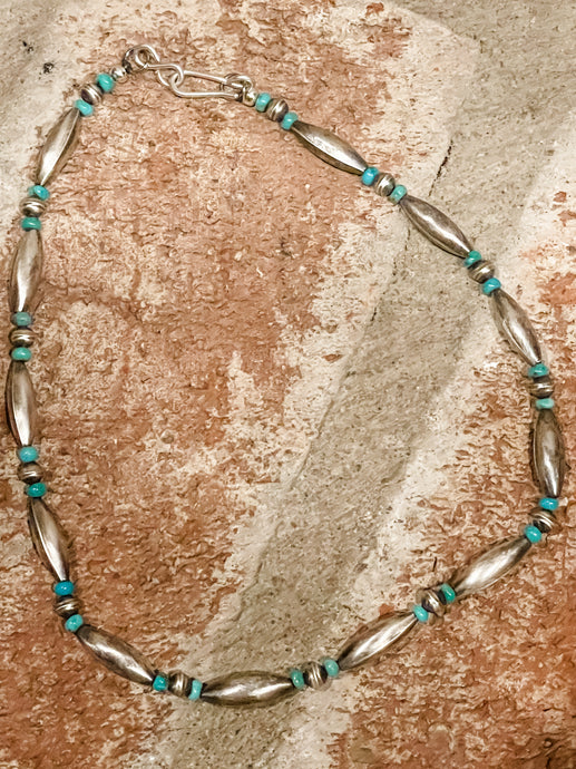 Robert Jonson Simple Melon Beads with Kingman Turquoise Navajo Pearl Necklace
