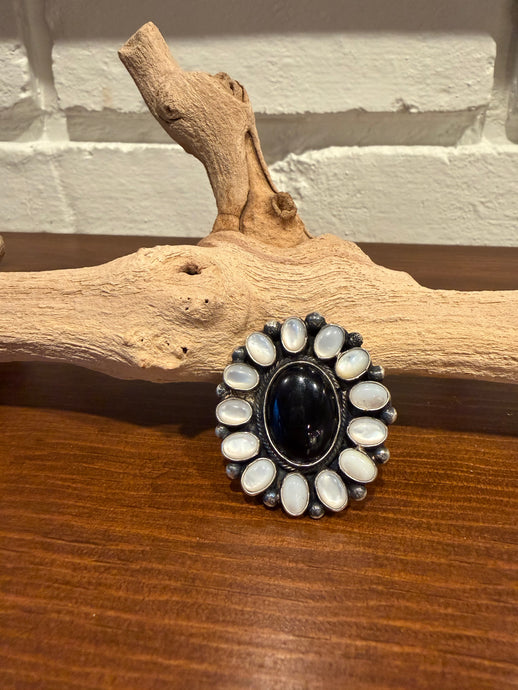 Mother of Pearl and Black Onyx Adjustable Ring