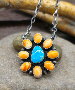 Orange Spiny Oyster and Blue Turquoise Cluster Necklace - 18 in.