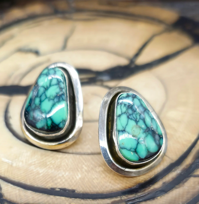 Green Turquoise Shadowbox Post Earrings by Tatum Skeets