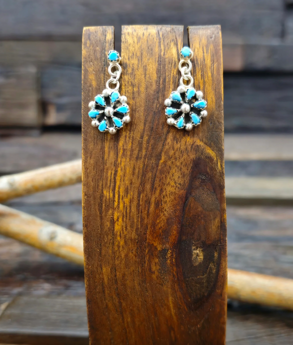Blue Turquoise Zuni Cluster Dangle Earrings by Tricia Leekity - 1 in