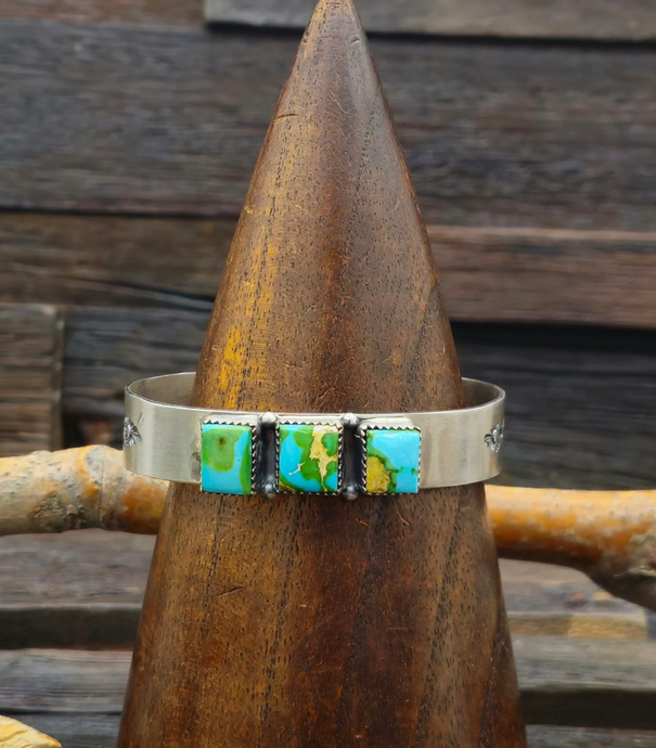 Three-Stone Sonoran Turquoise Sterling Silver Cuff by LaRose Ganadanegro - 6 1/2in.