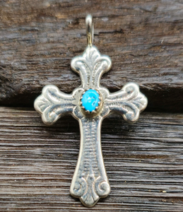 Stamped Sterling Silver and Turquoise Cross Pendant by Pauline Nelson - 1 1/2 by 1
