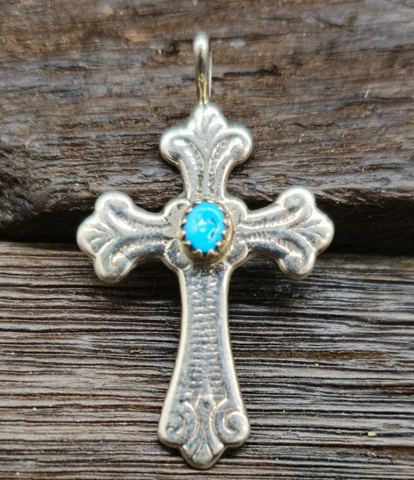 Stamped Sterling Silver and Turquoise Cross Pendant by Pauline Nelson - 1 1/2 by 1