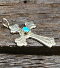 Stamped Sterling Silver and Turquoise Cross Pendant by Pauline Nelson - 1 1/2 by 1