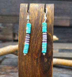Turquoise and Wampum Stone Bead Dangle Earrings by Fred Archuleta