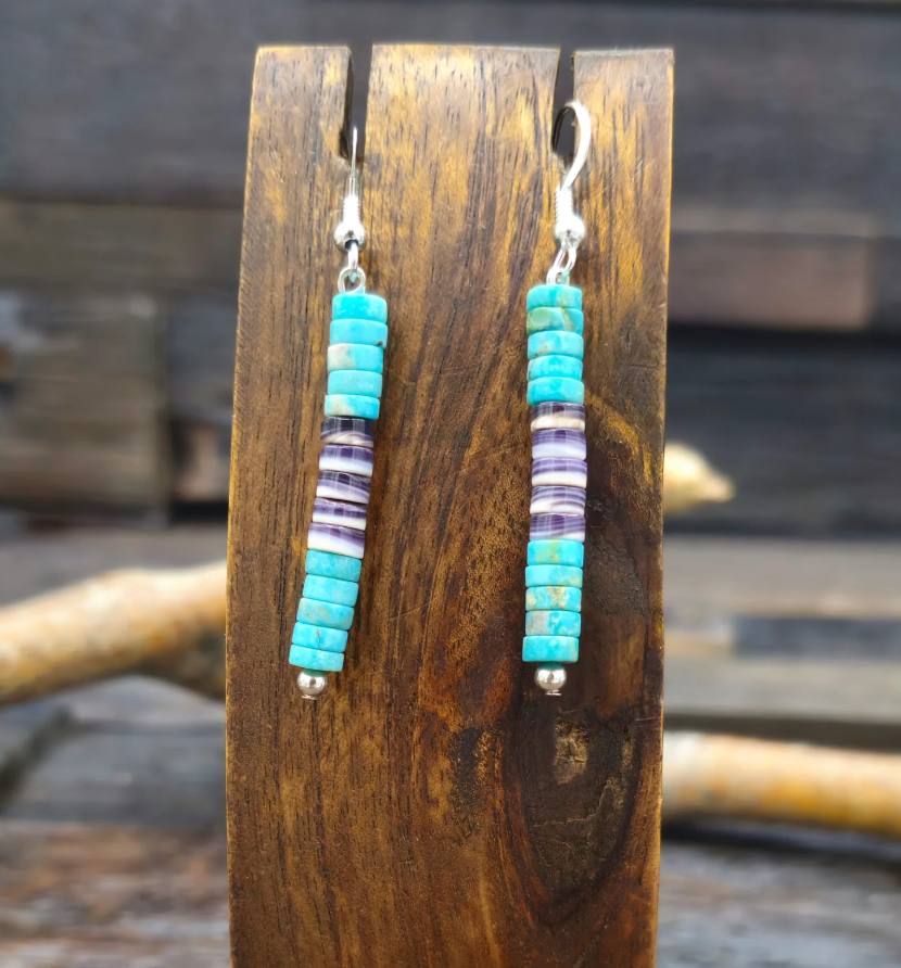 Turquoise and Wampum Stone Bead Dangle Earrings by Fred Archuleta