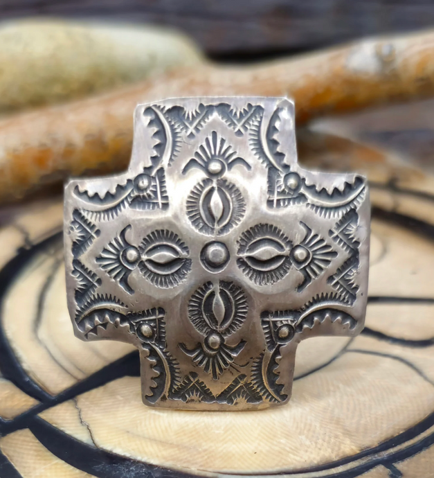 Cross Adjustable Stamped Sterling Silver Ring by Vincent Platero