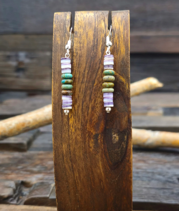 Turquoise and Wampum Stone Bead Dangle Earrings by Fred Archuleta