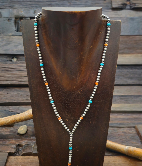 Turquoise, Spiny Oyster, and Sterling Silver Bead Necklace by Jan Mariano - 16 in. w/2 in. Extender