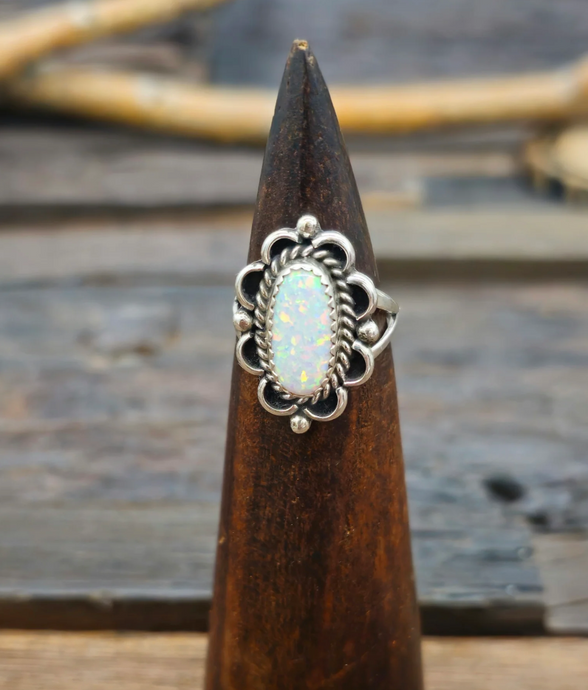 White Lab Opal Sterling Silver Ring by Priscilla Smith - Size 7