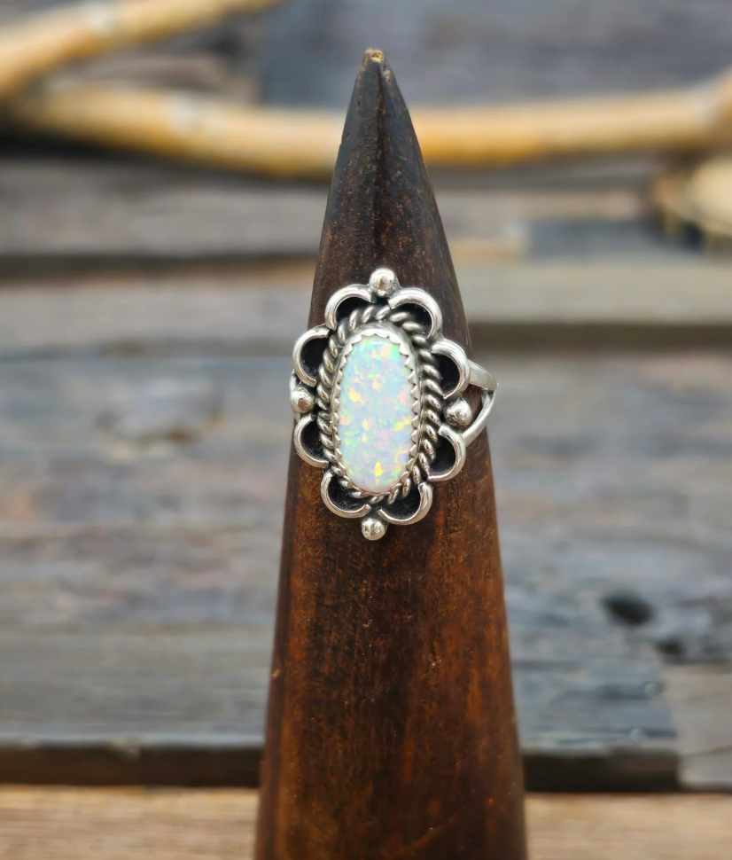 White Lab Opal Sterling Silver Ring by Priscilla Smith - Size 7