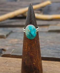 Green Turquoise Oxidized Sterling Silver Ring by Leslie Nez - Adjustable