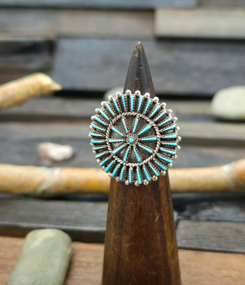 Sterling Silver Sleeping Beauty Turquoise Needlepoint Ring by Shirley Lahi - Size 9