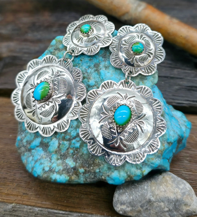 Stamped Sterling Silver and Blue-Green Turquoise Earrings by Bertha Begay