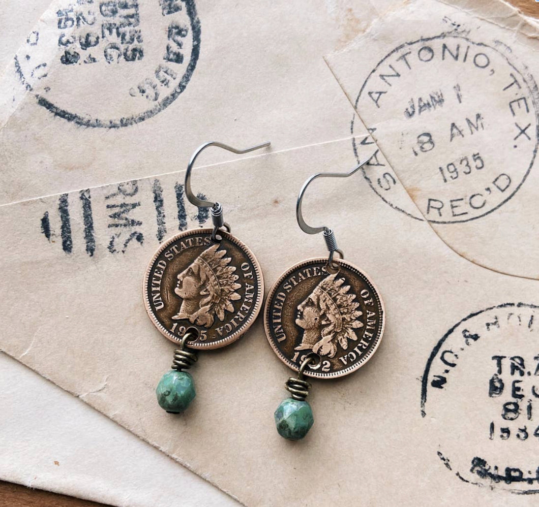 Vintage Indian Head Penny Boho Earrings